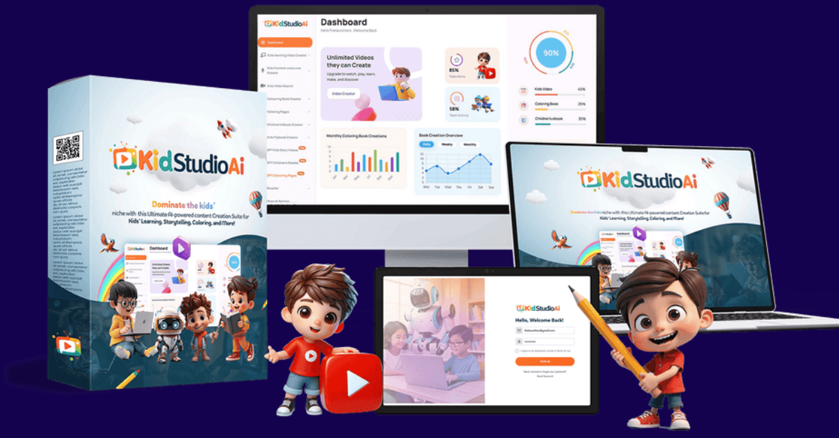 Child using KidStudioAi tablet with video, coloring book, and storybook